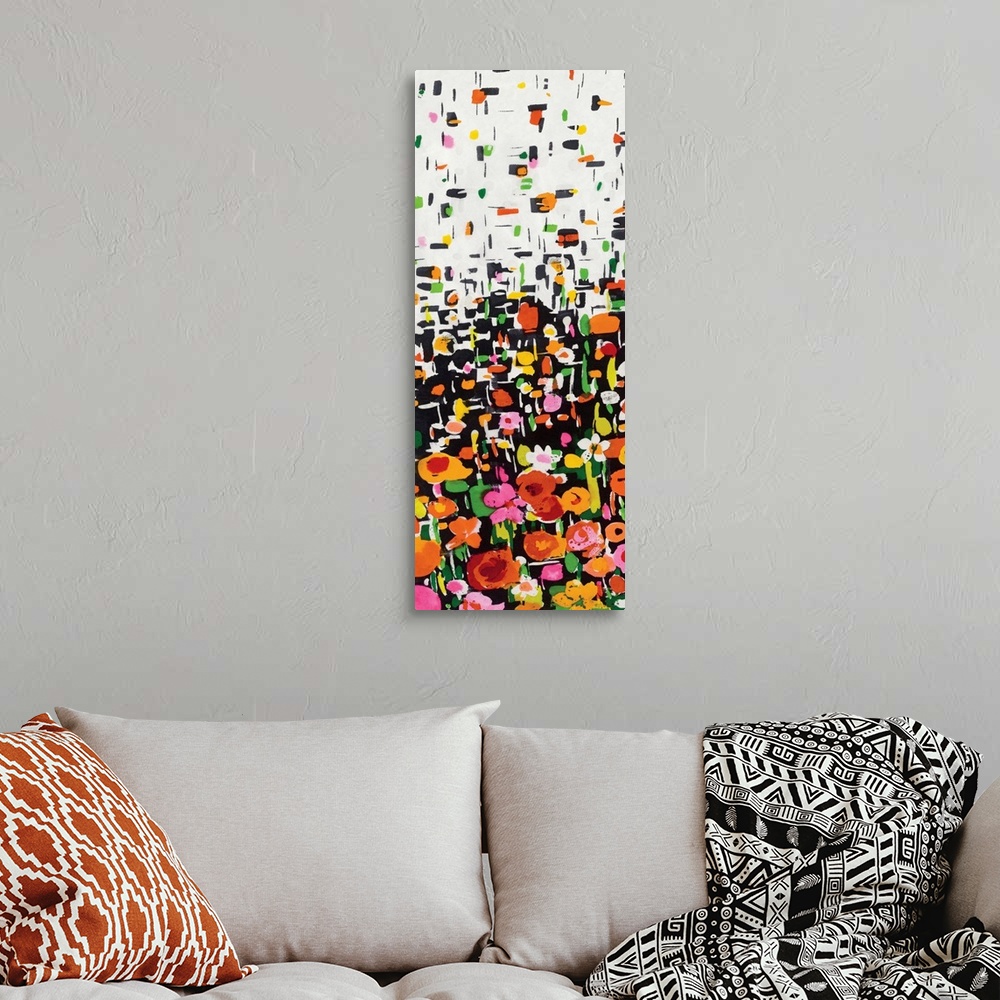 A bohemian room featuring Contemporary abstract painting of a bed of colorful flower with colorful geometric shapes cascadi...
