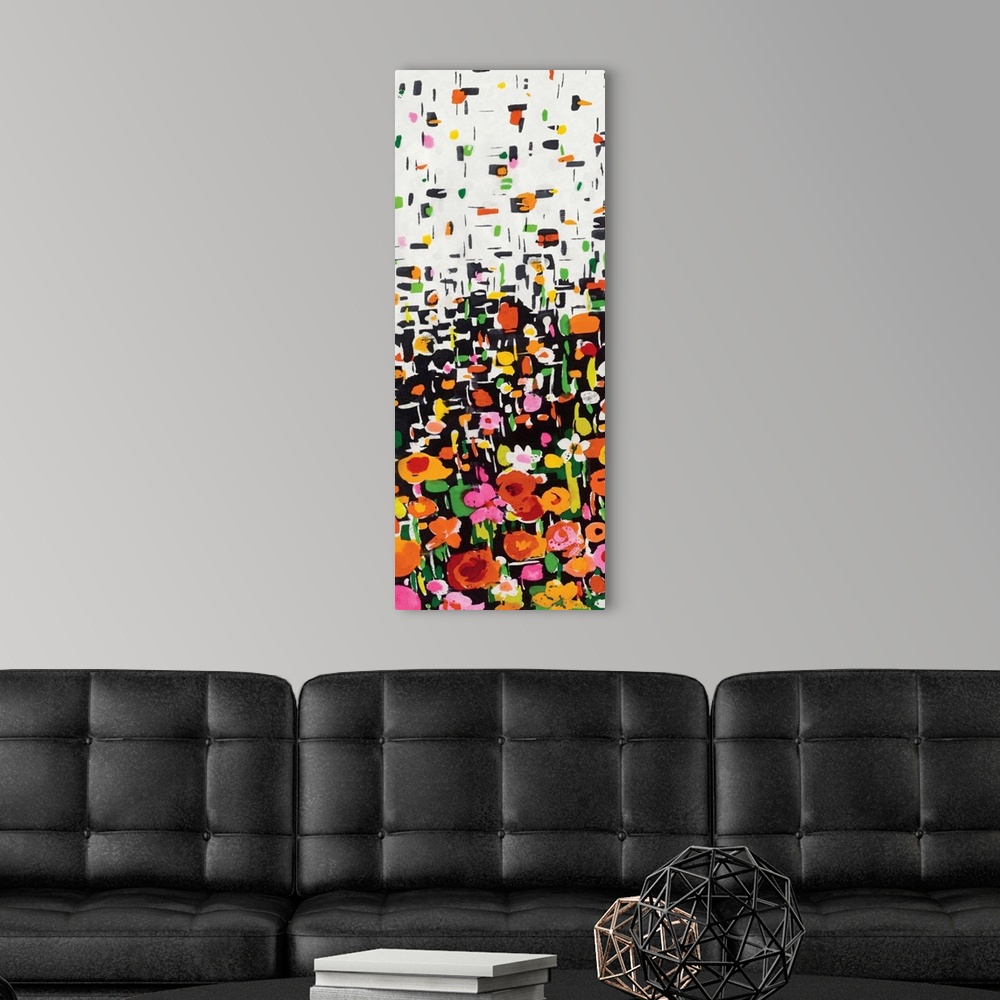 A modern room featuring Contemporary abstract painting of a bed of colorful flower with colorful geometric shapes cascadi...