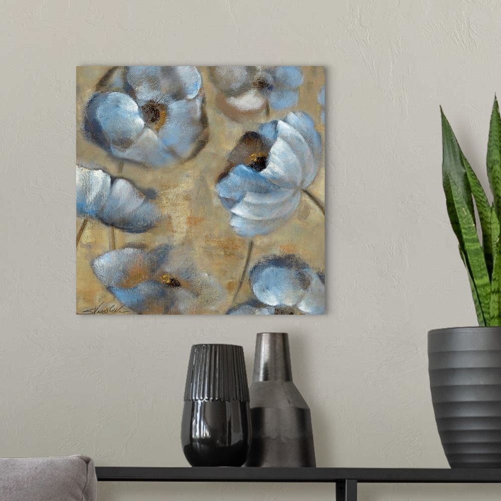 A modern room featuring Large soft blue flowers are painted and highlighted against a neutral background.