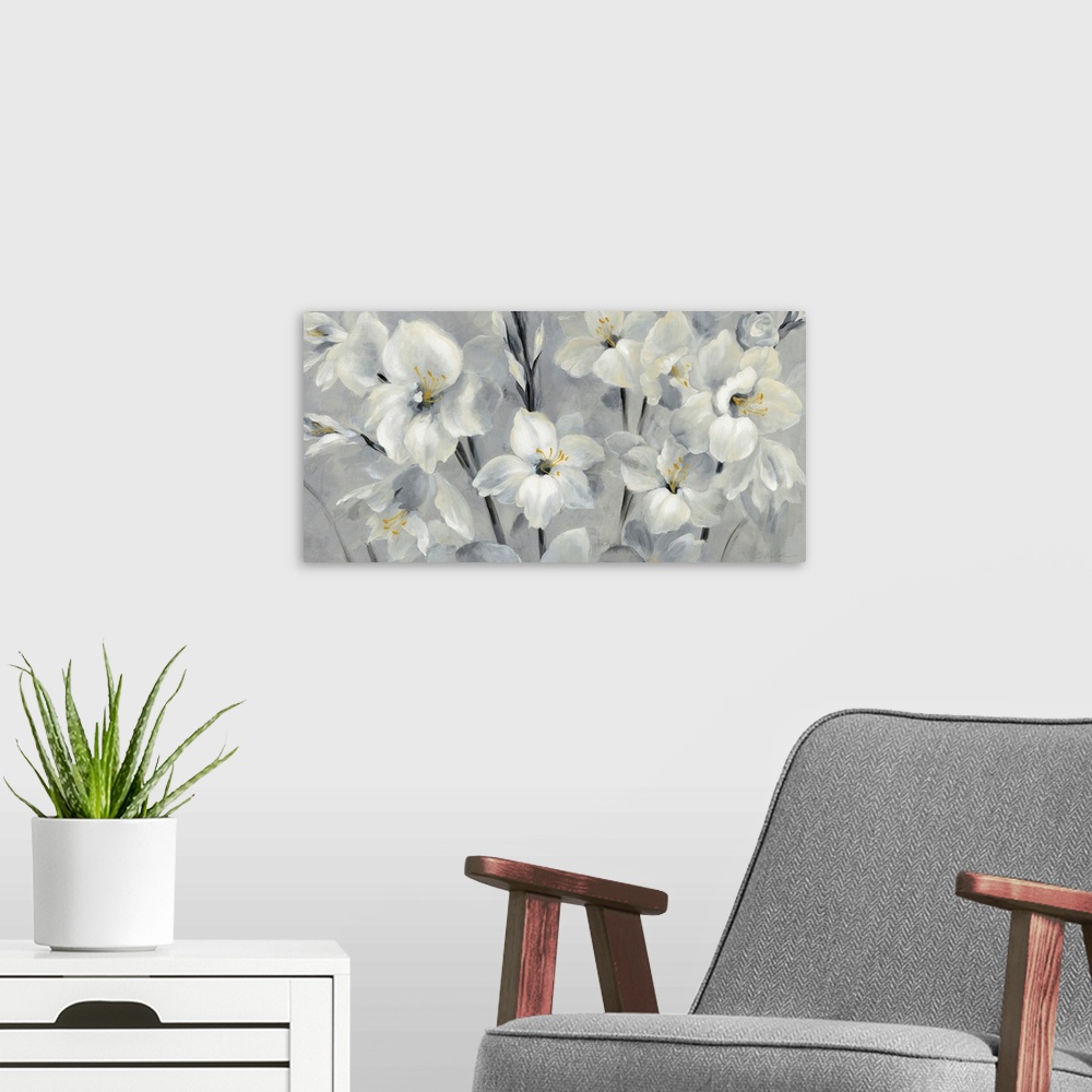 A modern room featuring Contemporary painting of white flowers with golden centers on a grey toned background.
