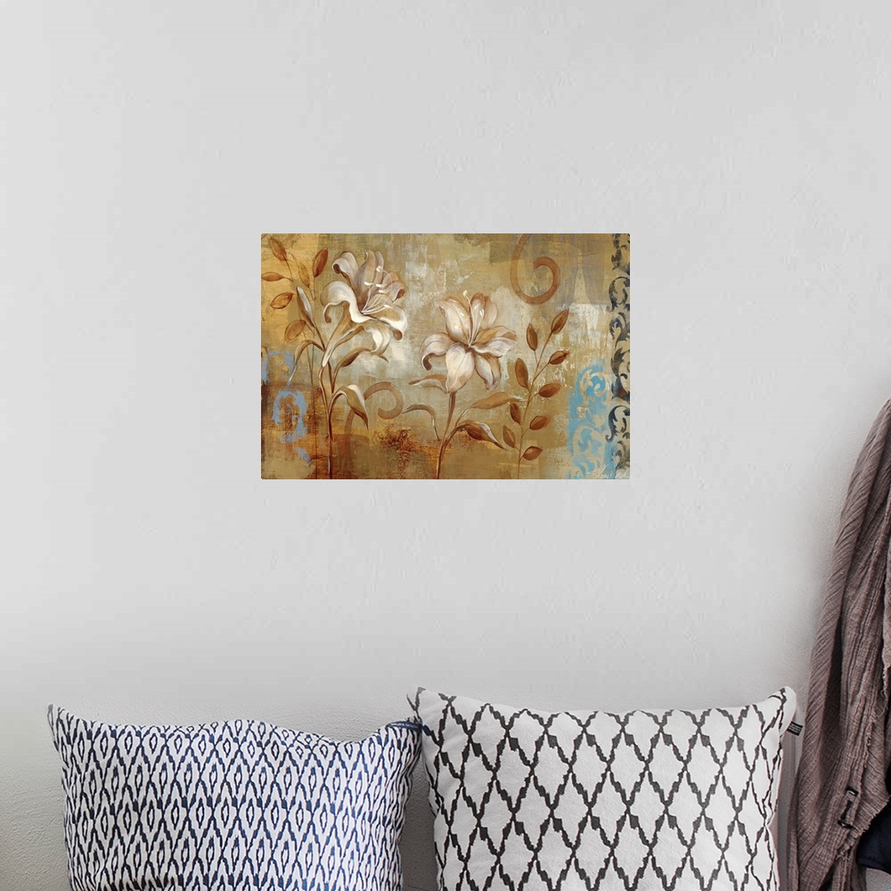 A bohemian room featuring Horizontal wall art of two realistically rendered lilies on a neutral background with decorative ...