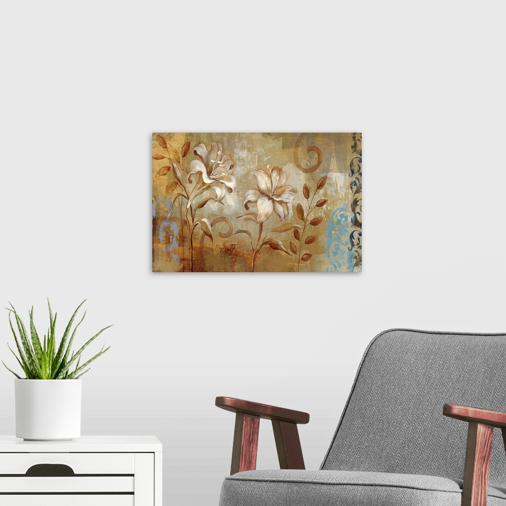 A modern room featuring Horizontal wall art of two realistically rendered lilies on a neutral background with decorative ...