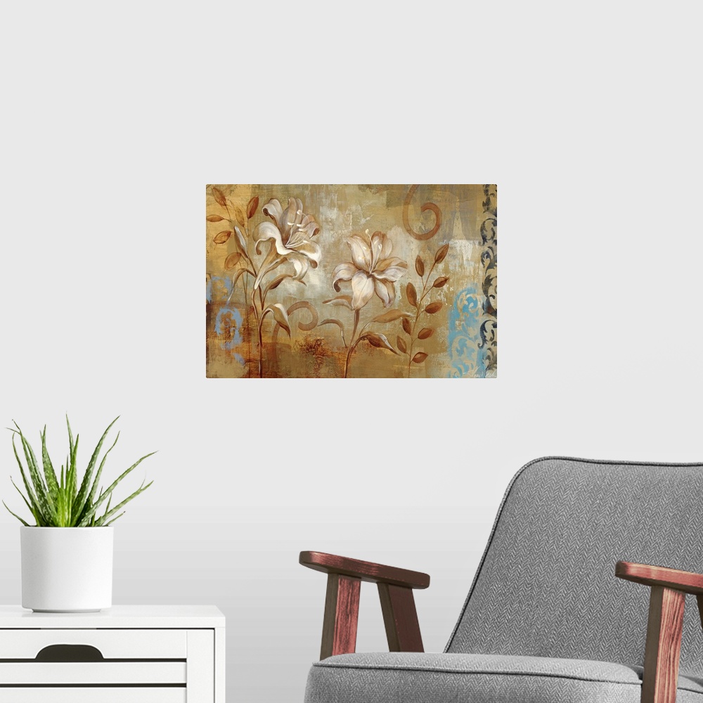 A modern room featuring Horizontal wall art of two realistically rendered lilies on a neutral background with decorative ...