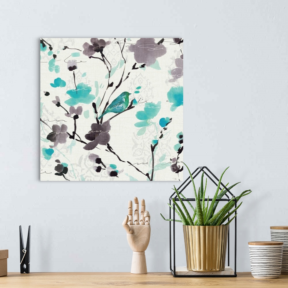A bohemian room featuring Square abstract canvas of a bird sitting on a flowering tree's branch.