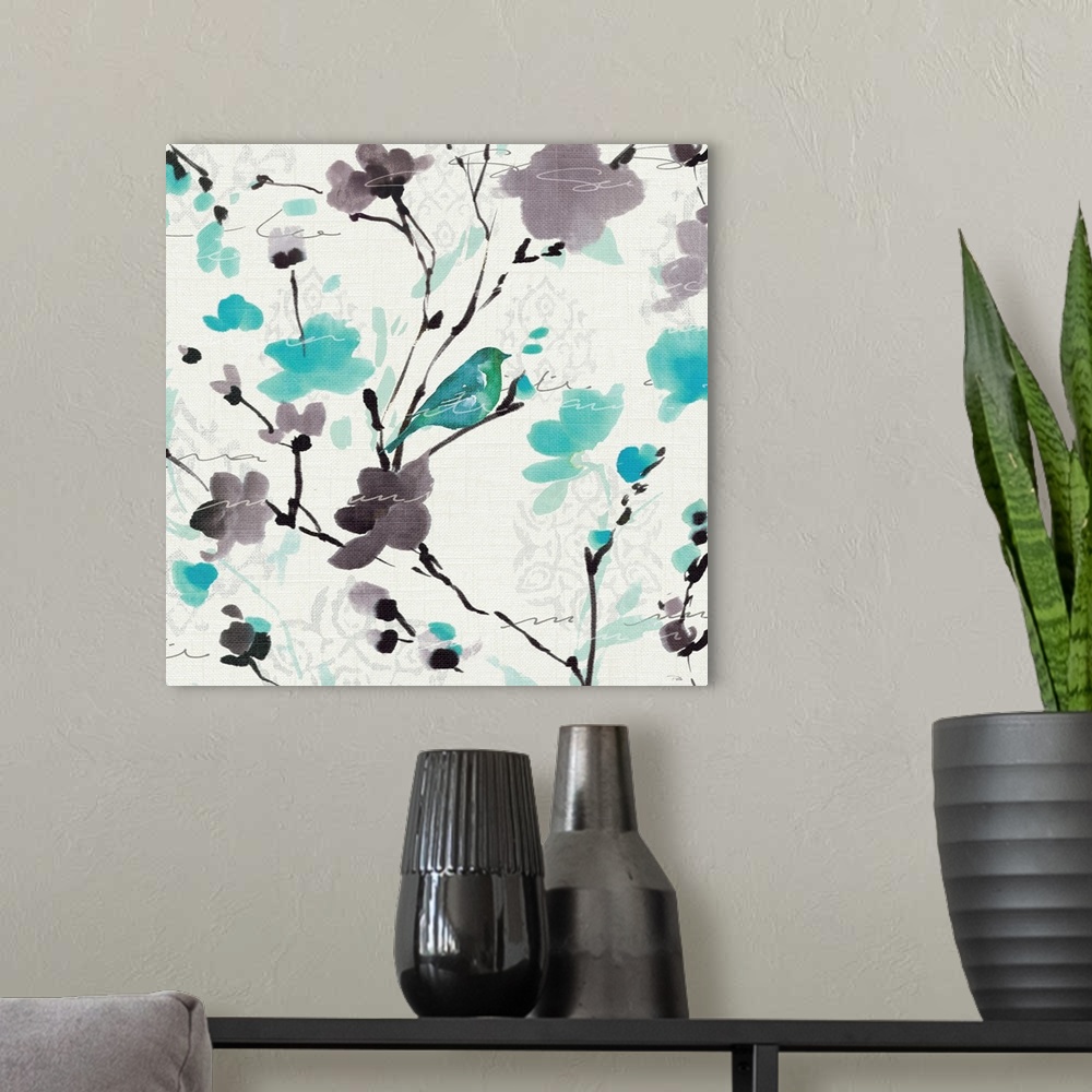 A modern room featuring Square abstract canvas of a bird sitting on a flowering tree's branch.
