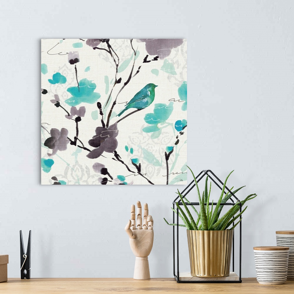 A bohemian room featuring Watercolor painting of a turquoise bird perched on a branch with purple and blue flowers.
