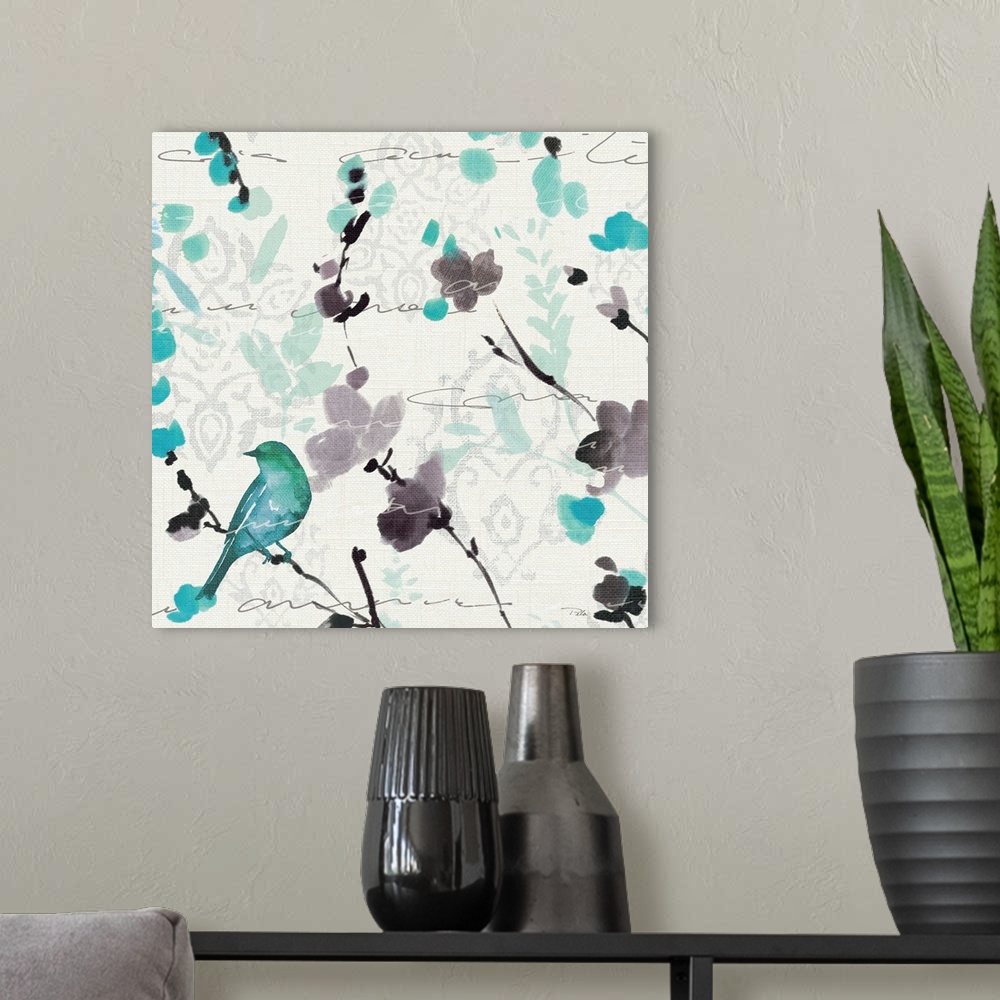 A modern room featuring Watercolor painting of a turquoise bird perched on a branch with purple and blue flowers.