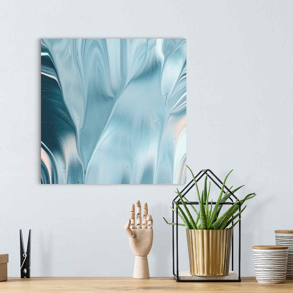 A bohemian room featuring Square abstract painting of blue and white marbling with hints of pink, creating movement and flo...