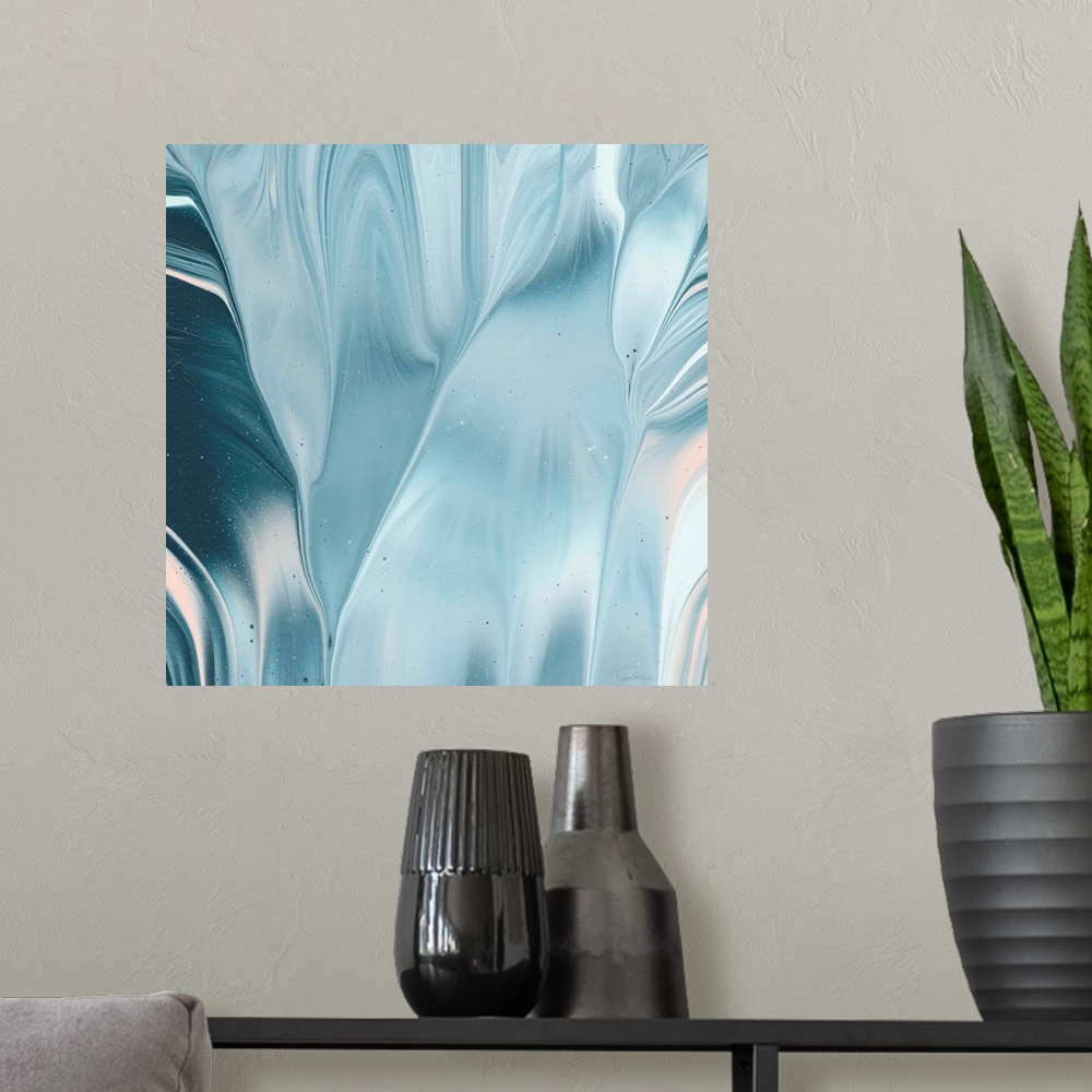 A modern room featuring Square abstract painting of blue and white marbling with hints of pink, creating movement and flo...