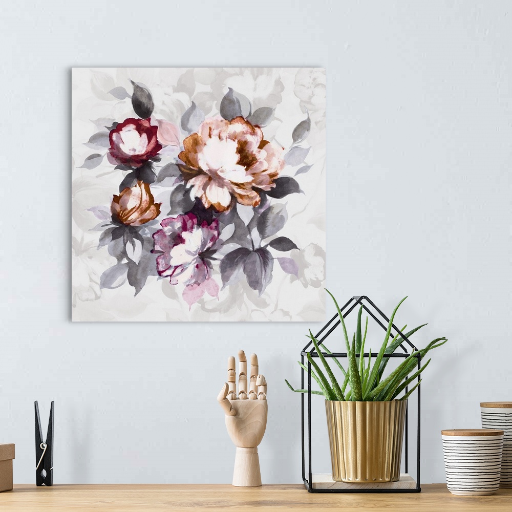 A bohemian room featuring A large contemporary painting of a full bloomed flowers in purple, red and orange against of grey...