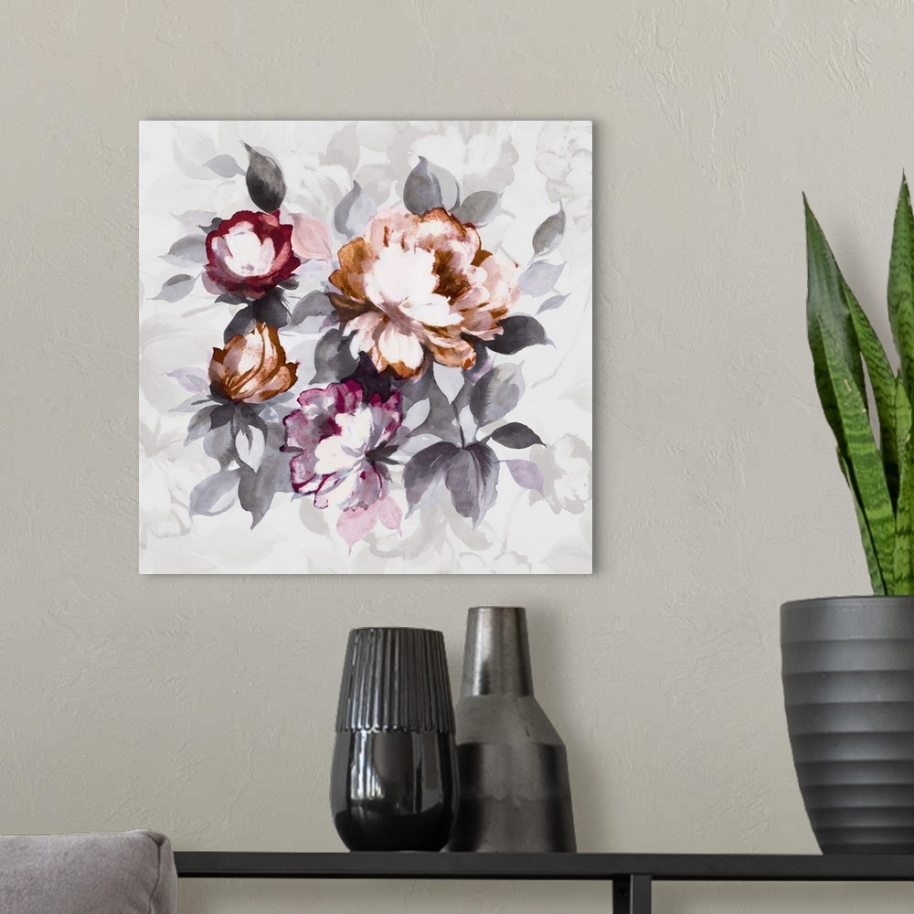 A modern room featuring A large contemporary painting of a full bloomed flowers in purple, red and orange against of grey...