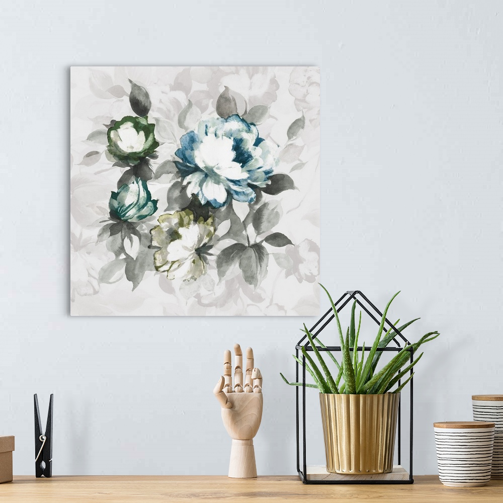 A bohemian room featuring A large contemporary painting of a full bloomed flowers in green, teal and blue against of grey b...