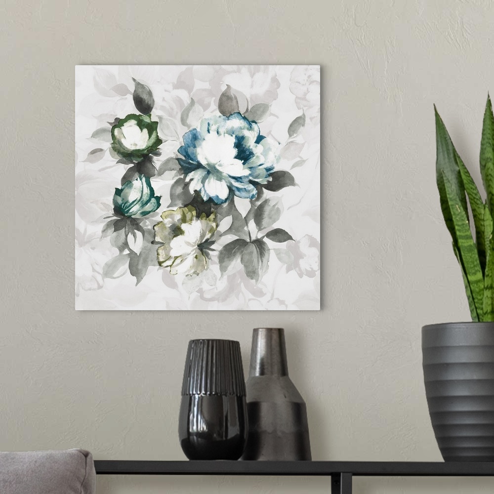 A modern room featuring A large contemporary painting of a full bloomed flowers in green, teal and blue against of grey b...
