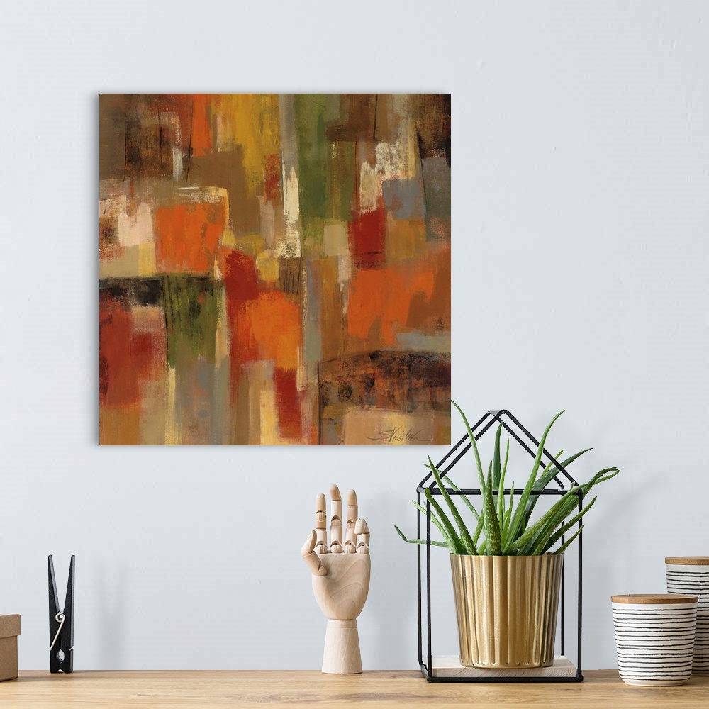 A bohemian room featuring Contemporary abstract painting of rectangular blocks of color in warm tones.