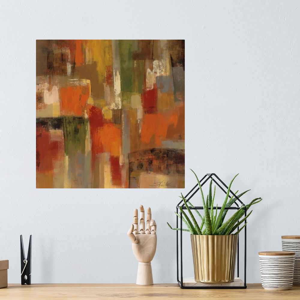 A bohemian room featuring Contemporary abstract painting of rectangular blocks of color in warm tones.