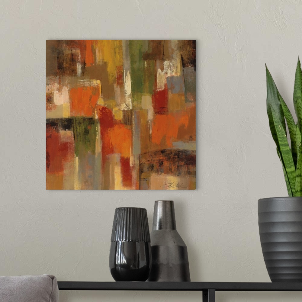 A modern room featuring Contemporary abstract painting of rectangular blocks of color in warm tones.