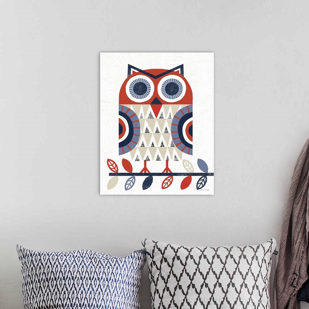 A bohemian room featuring Folk Lodge Owl Red Navy