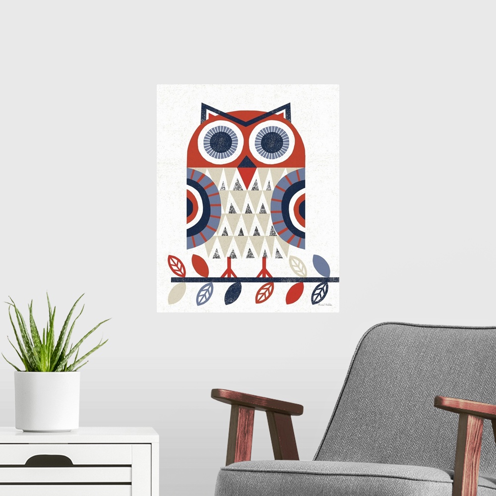 A modern room featuring Folk Lodge Owl Red Navy