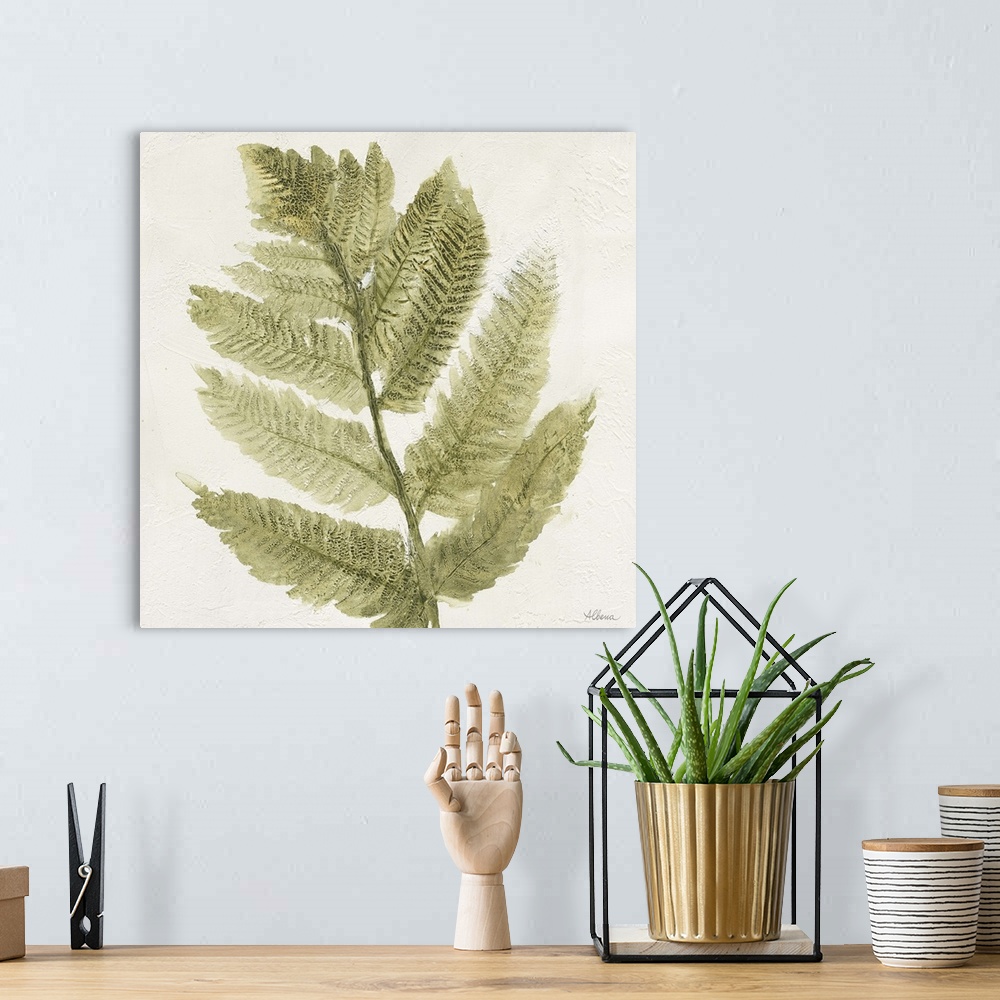 A bohemian room featuring Textured painting of a fern branch on a white, square background.