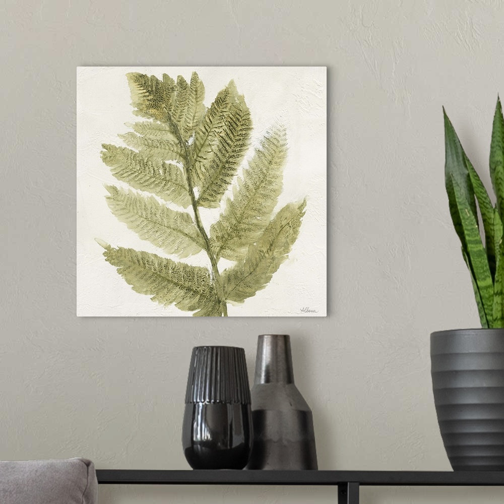 A modern room featuring Textured painting of a fern branch on a white, square background.