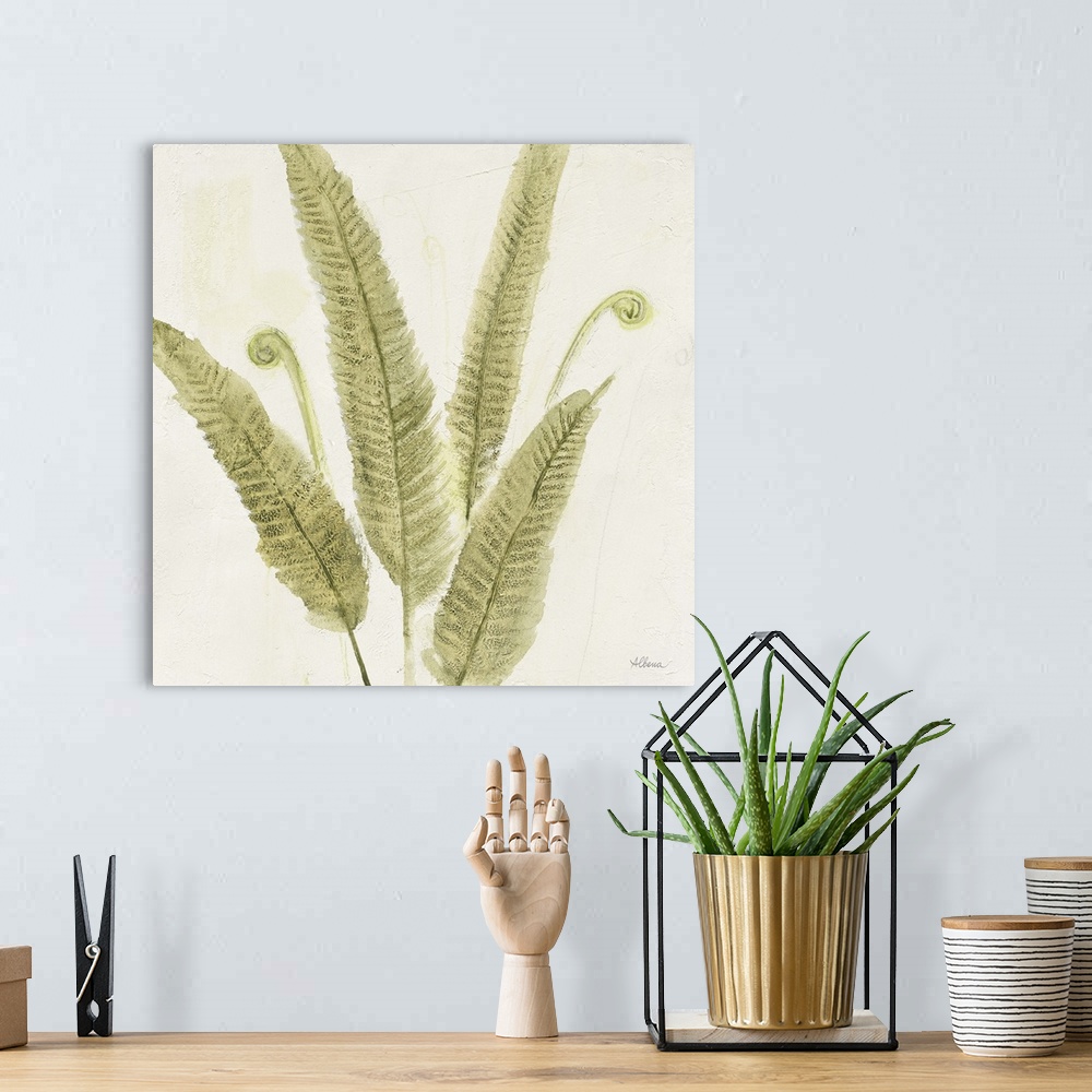 A bohemian room featuring Textured painting of a fern fronds on a white, square background.