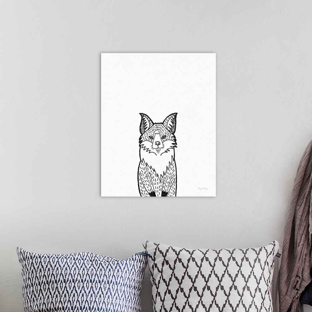 A bohemian room featuring A black and white illustration of a fox on a textured white background.