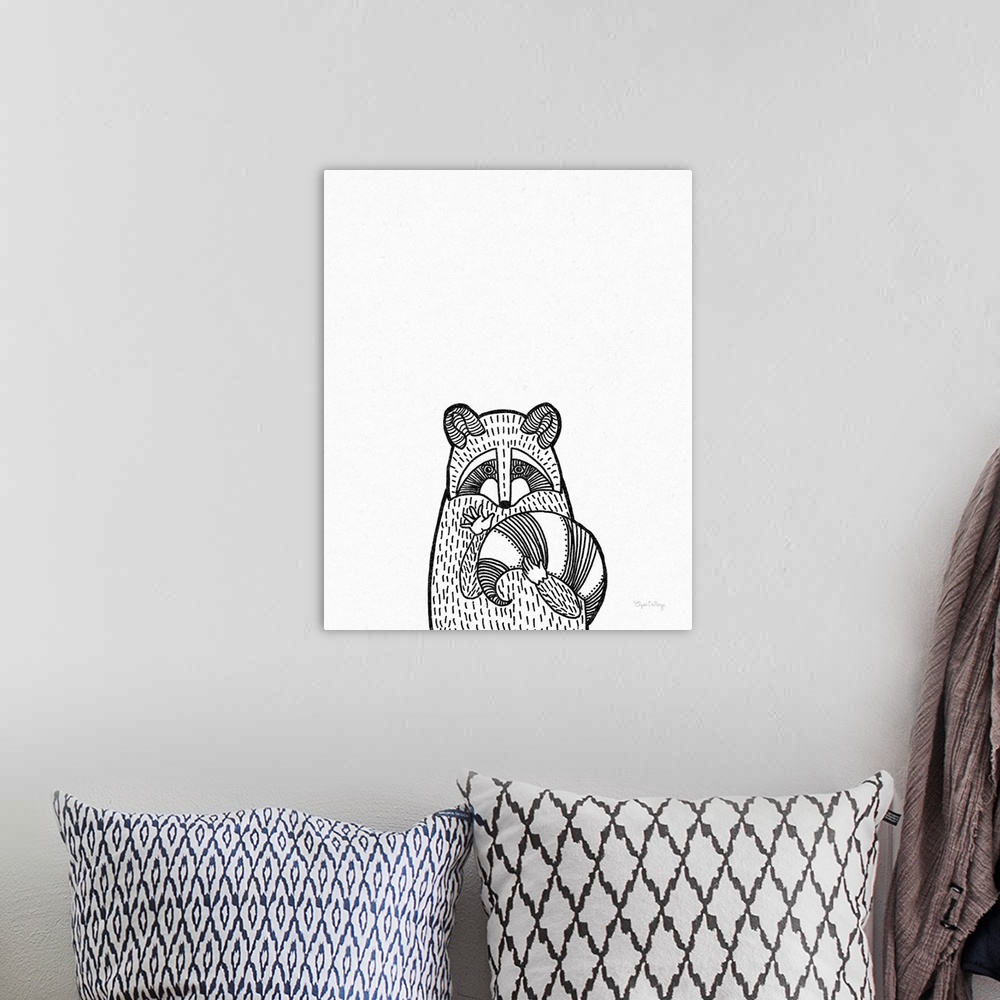 A bohemian room featuring A black and white illustration of a raccoon on a textured white background.