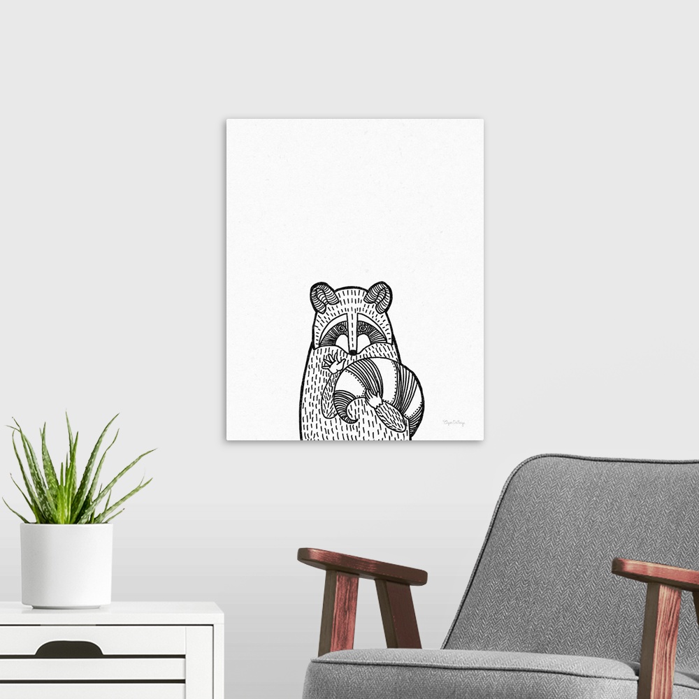 A modern room featuring A black and white illustration of a raccoon on a textured white background.