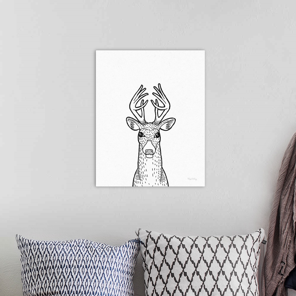 A bohemian room featuring A black and white illustration of a deer on a textured white background.