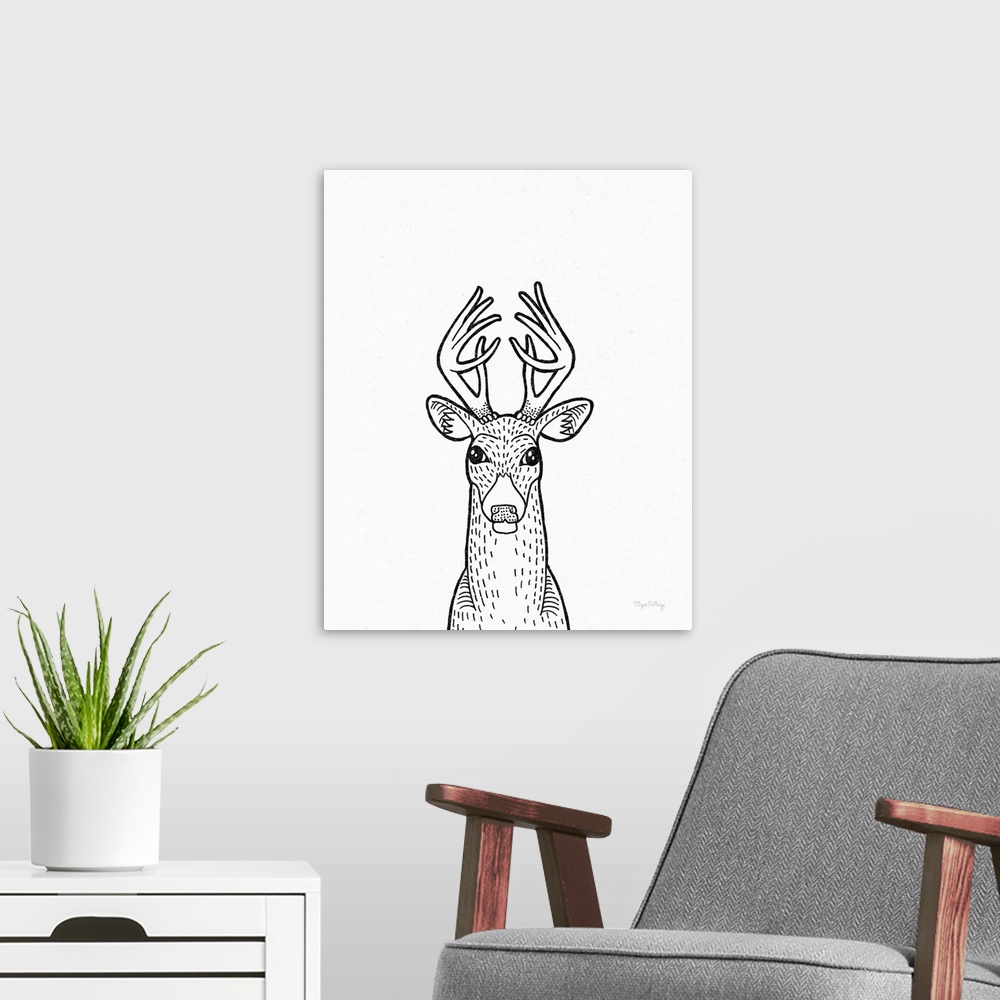 A modern room featuring A black and white illustration of a deer on a textured white background.