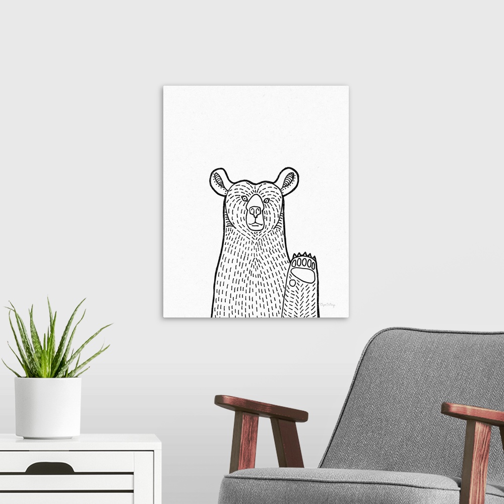 A modern room featuring A black and white illustration of a bear on a textured white background.