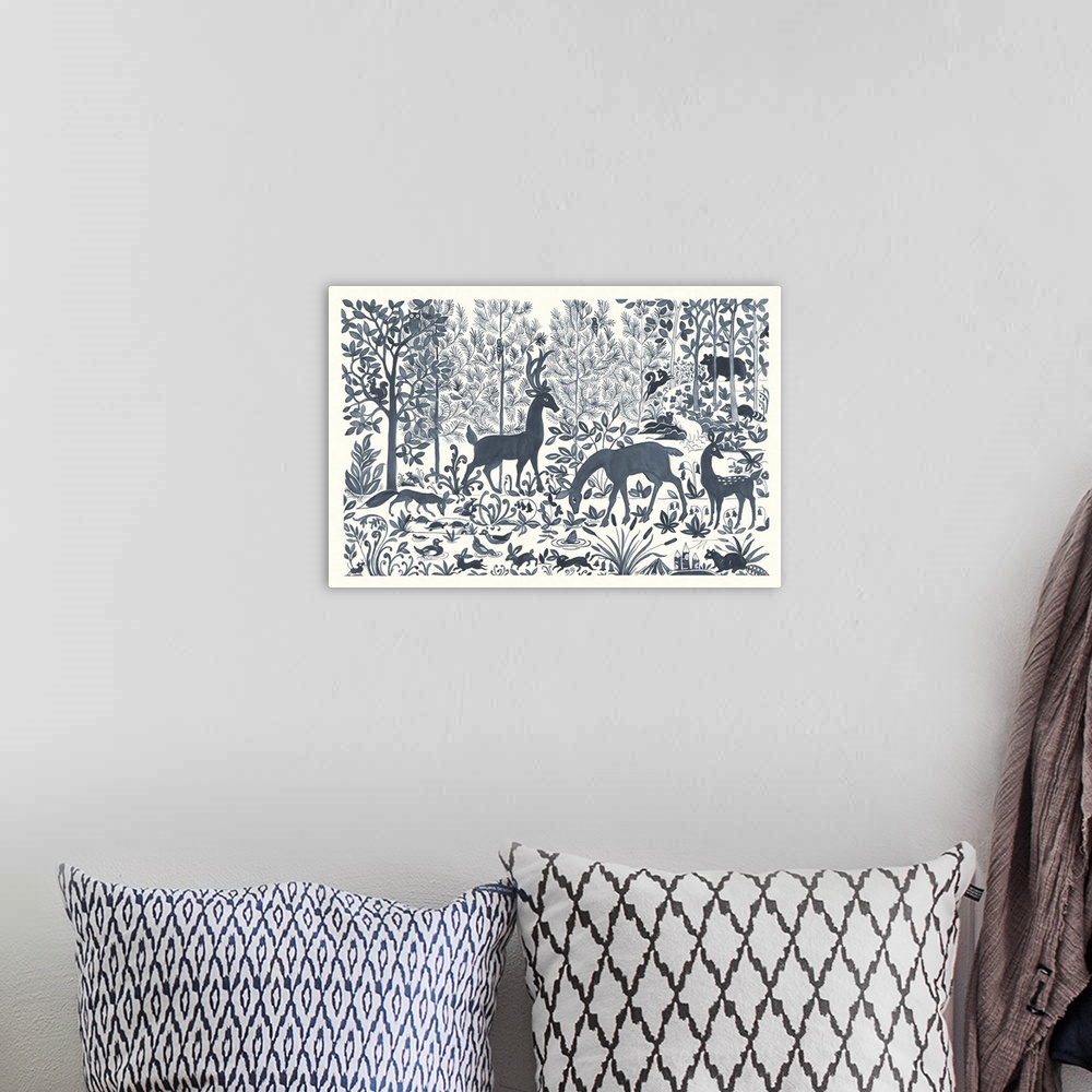 A bohemian room featuring Floral indigo and white watercolor painting with woodland creatures out and about in the woods.