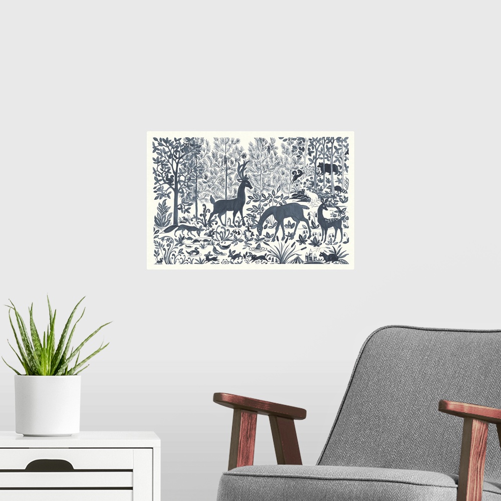 A modern room featuring Floral indigo and white watercolor painting with woodland creatures out and about in the woods.
