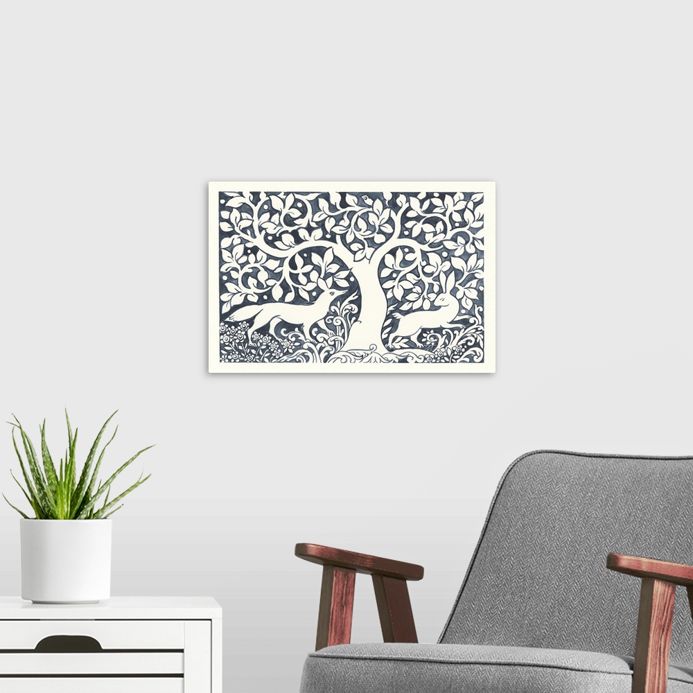 A modern room featuring Floral indigo and white watercolor painting with a fox and rabbit running around a tree.