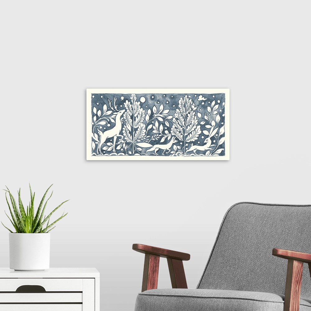 A modern room featuring Floral indigo and white watercolor painting with woodland creatures in a wooded scene.