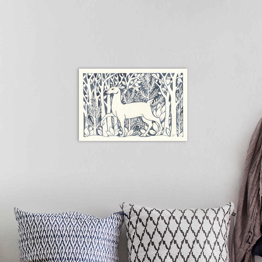 A bohemian room featuring Floral indigo and white watercolor painting with a deer walking through the woods.