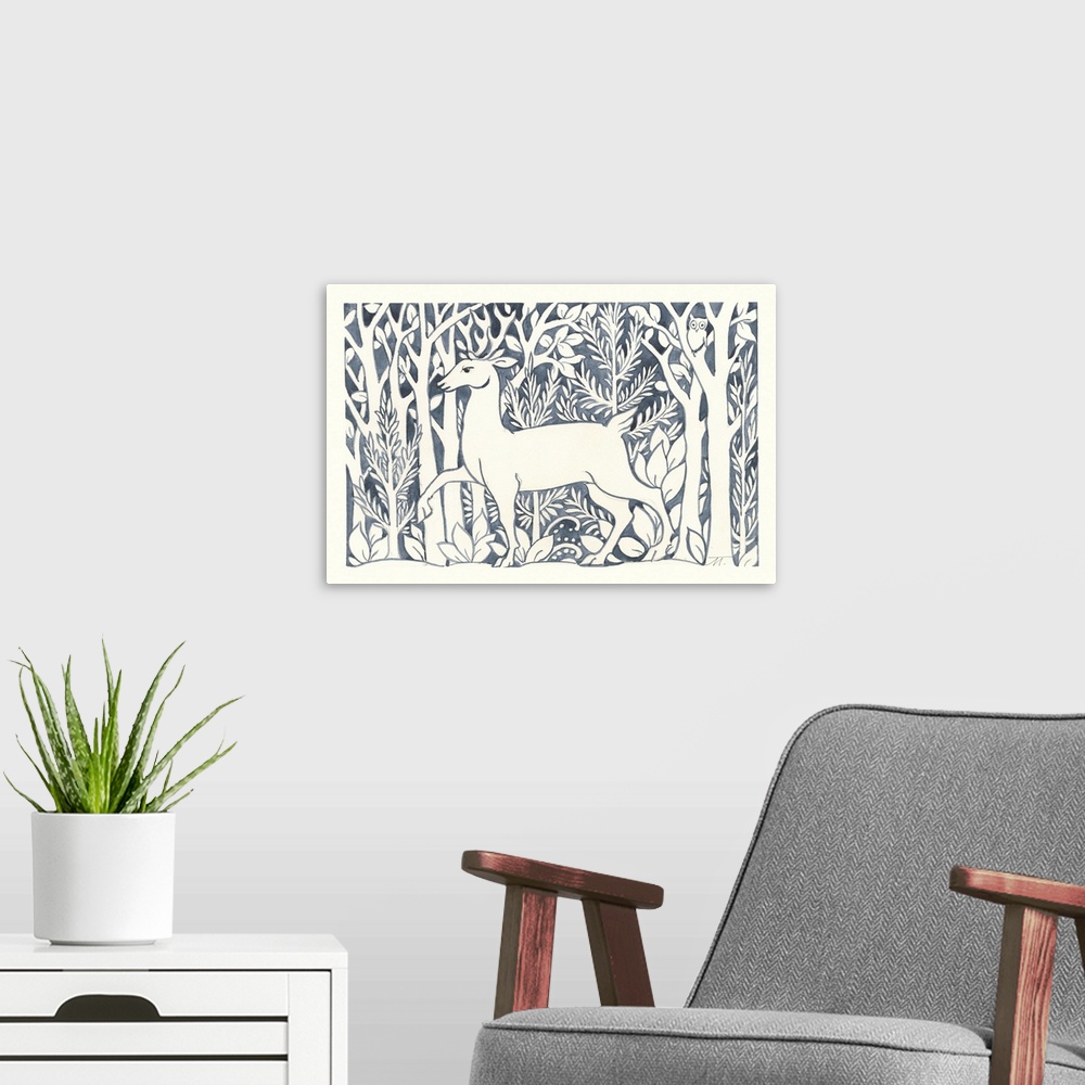 A modern room featuring Floral indigo and white watercolor painting with a deer walking through the woods.