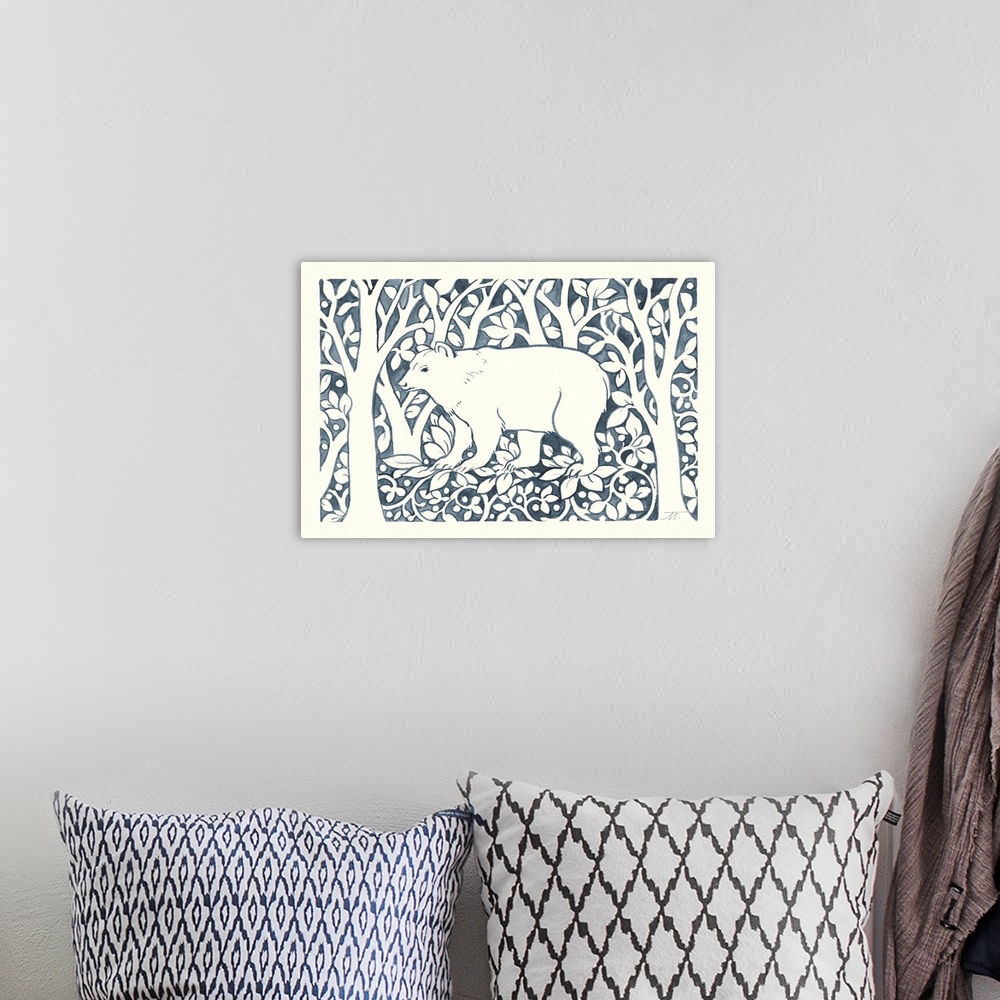 A bohemian room featuring Floral indigo and white watercolor painting with a bear standing in the middle of the woods.