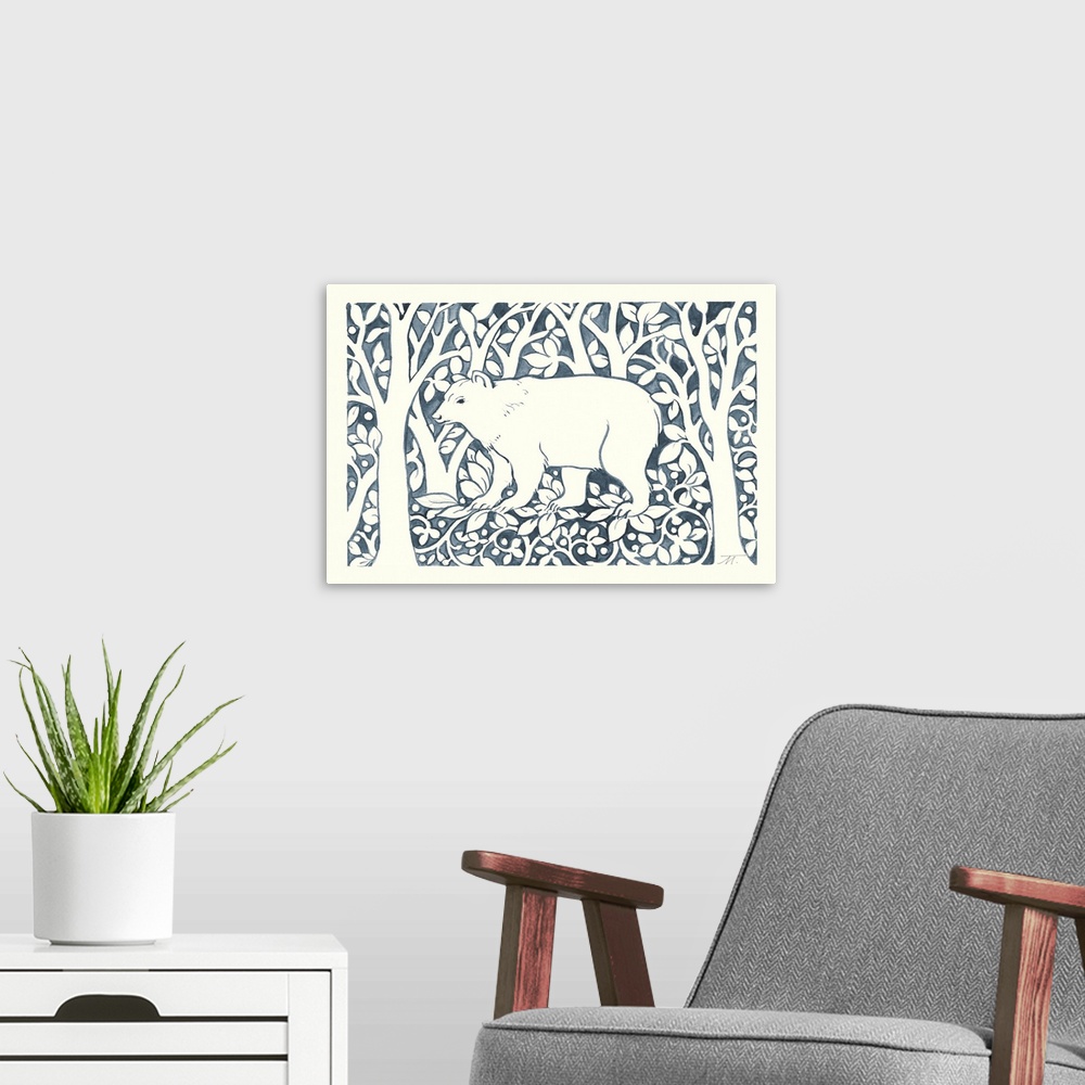 A modern room featuring Floral indigo and white watercolor painting with a bear standing in the middle of the woods.