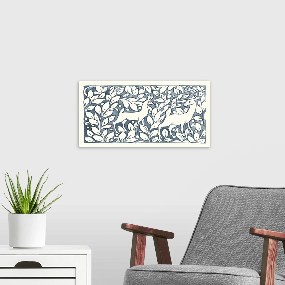 A modern room featuring Floral indigo and white watercolor painting with  two deer in the middle.