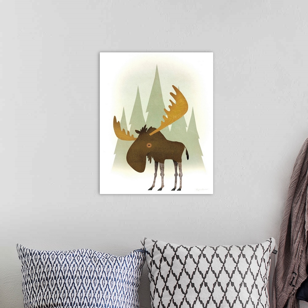 A bohemian room featuring Illustration of a moose in front of green trees.