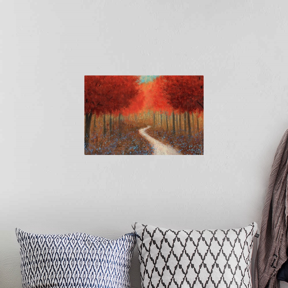 A bohemian room featuring Contemporary painting of a pathway through a forest of red trees.