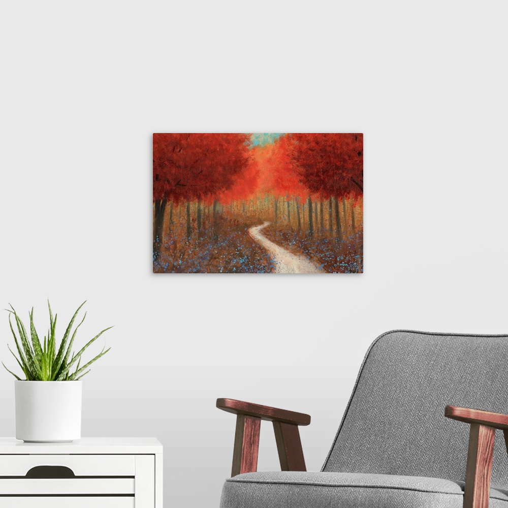A modern room featuring Contemporary painting of a pathway through a forest of red trees.