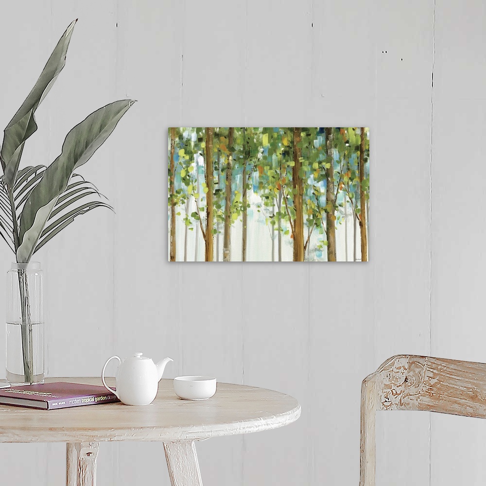 A farmhouse room featuring An abstract landscape painting created with square brush strokes of tall, straight trees in a for...