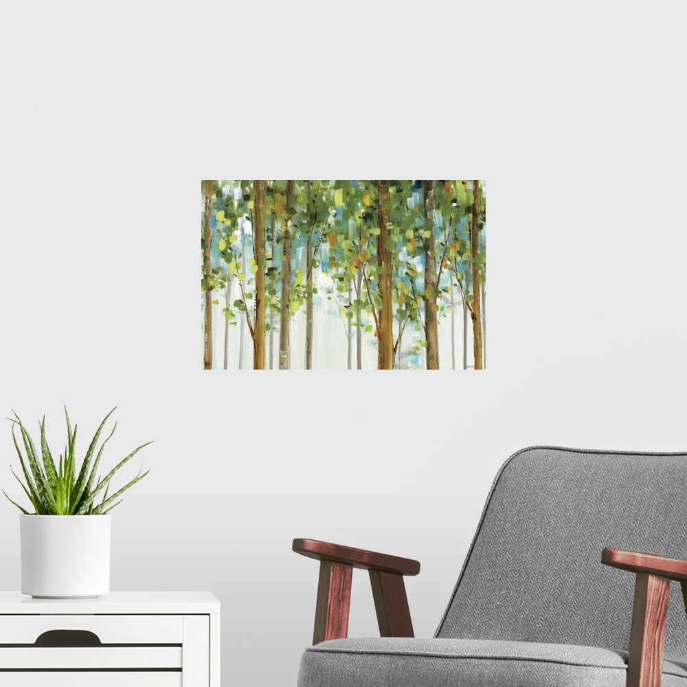 A modern room featuring An abstract landscape painting created with square brush strokes of tall, straight trees in a for...