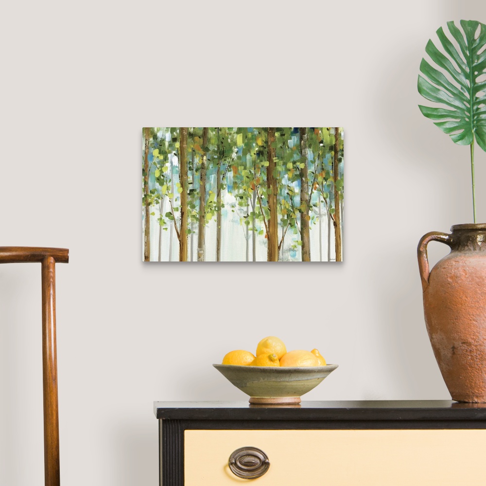 A traditional room featuring An abstract landscape painting created with square brush strokes of tall, straight trees in a for...