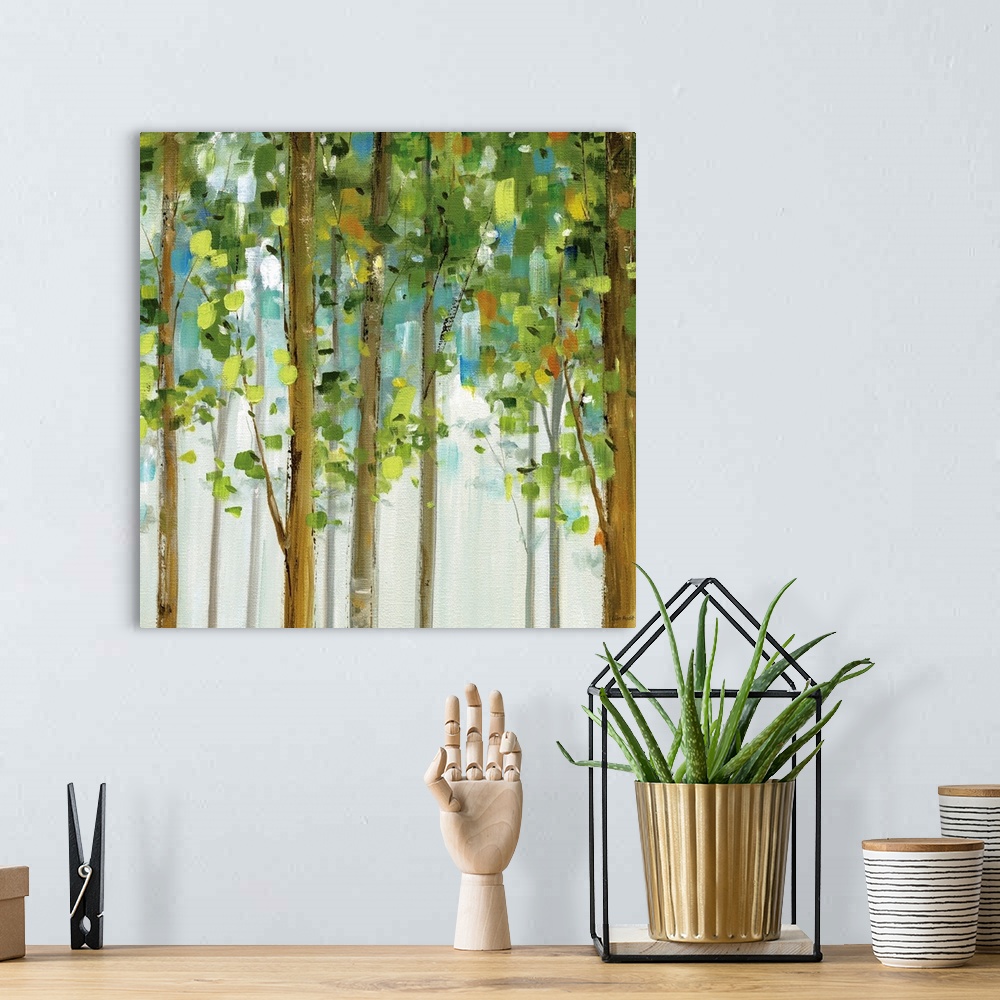 A bohemian room featuring Contemporary painting of brightly colored trees.  The leaf shapes were made from short vertical b...
