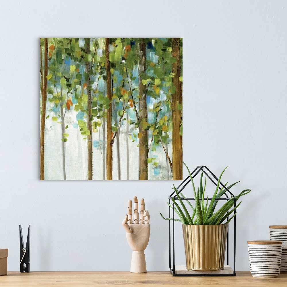 A bohemian room featuring Contemporary painting of trees full of leaves.  The leaves are created from short, thick, square ...