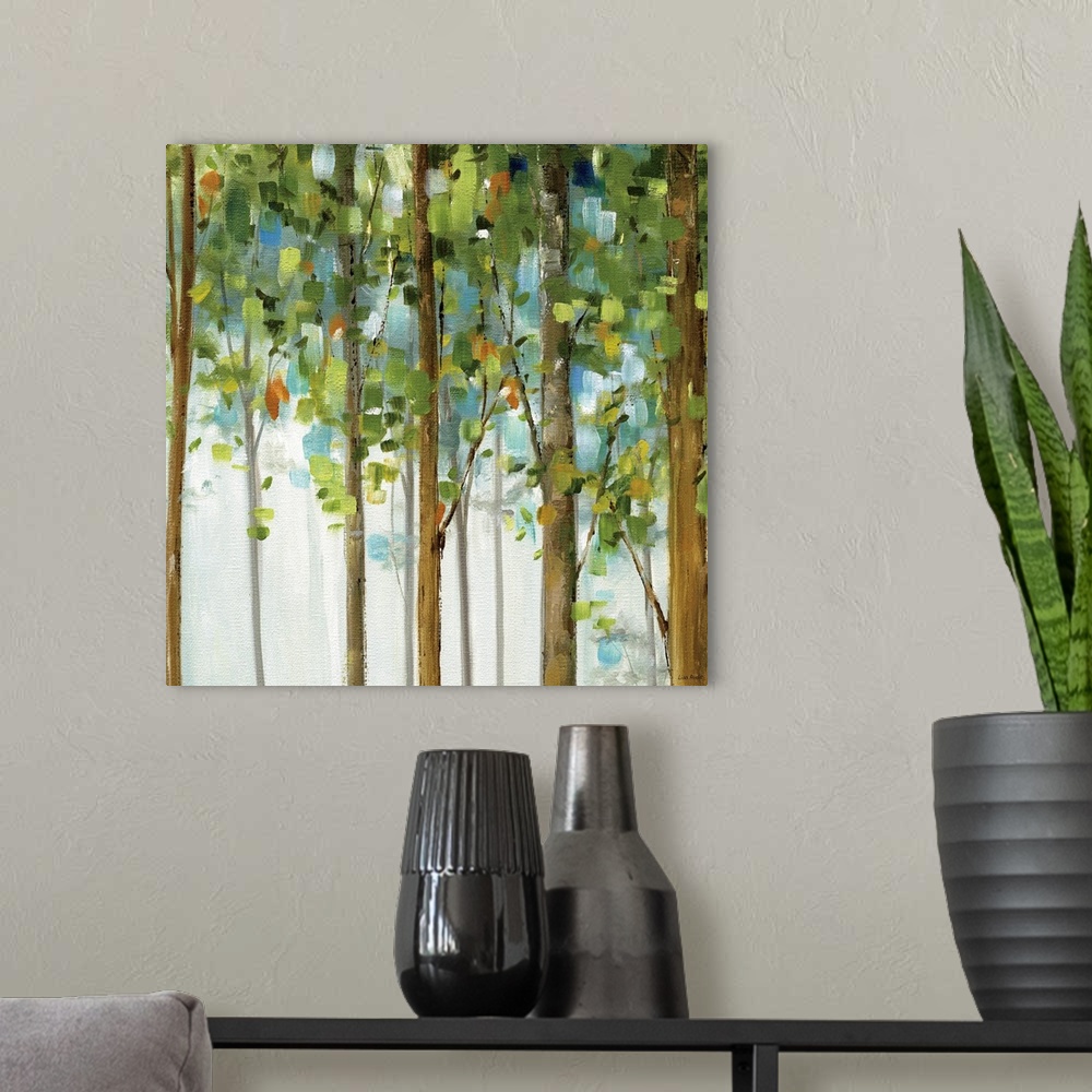 A modern room featuring Contemporary painting of trees full of leaves.  The leaves are created from short, thick, square ...
