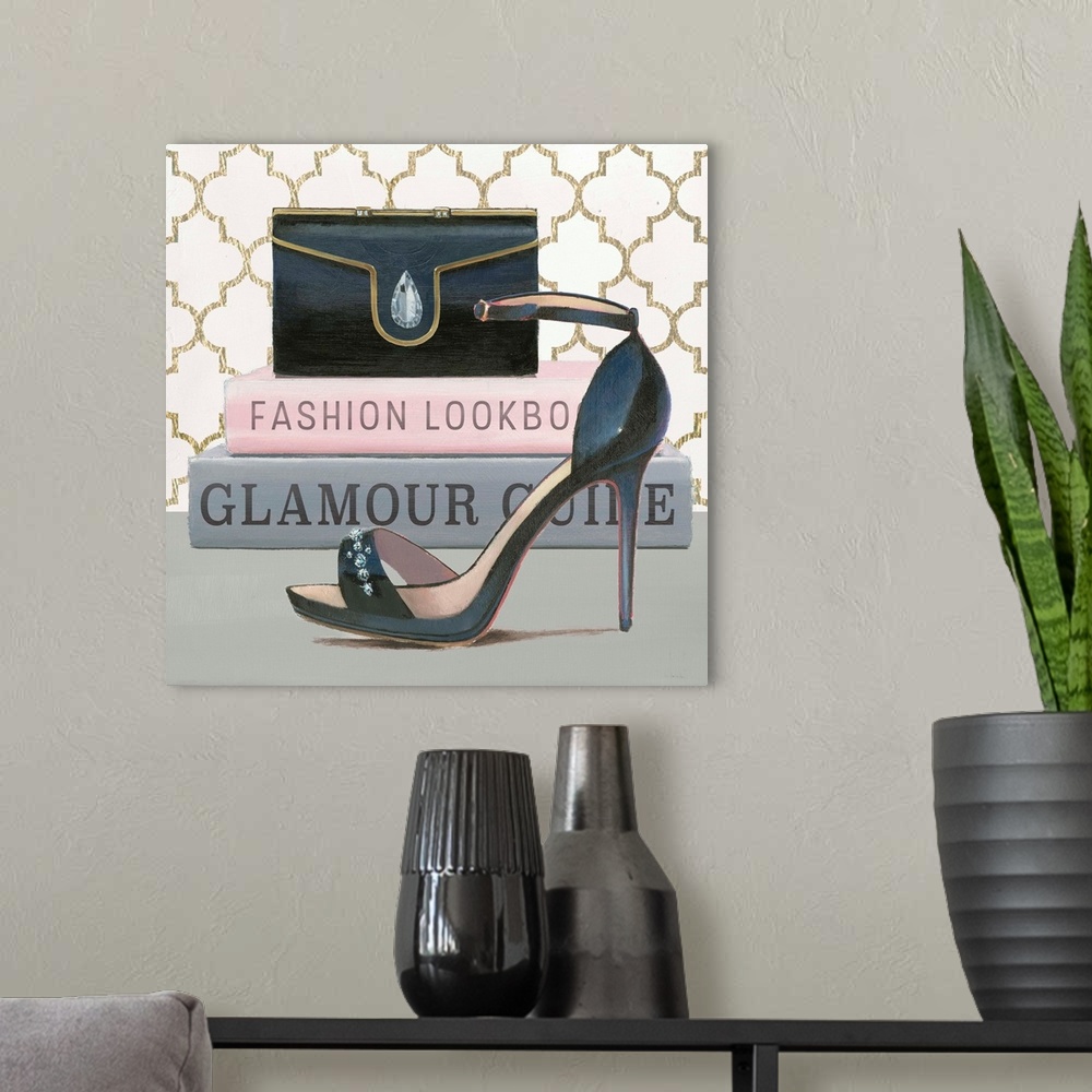 A modern room featuring Still life painting of a stylish high heel, clutch, and two fashion books.